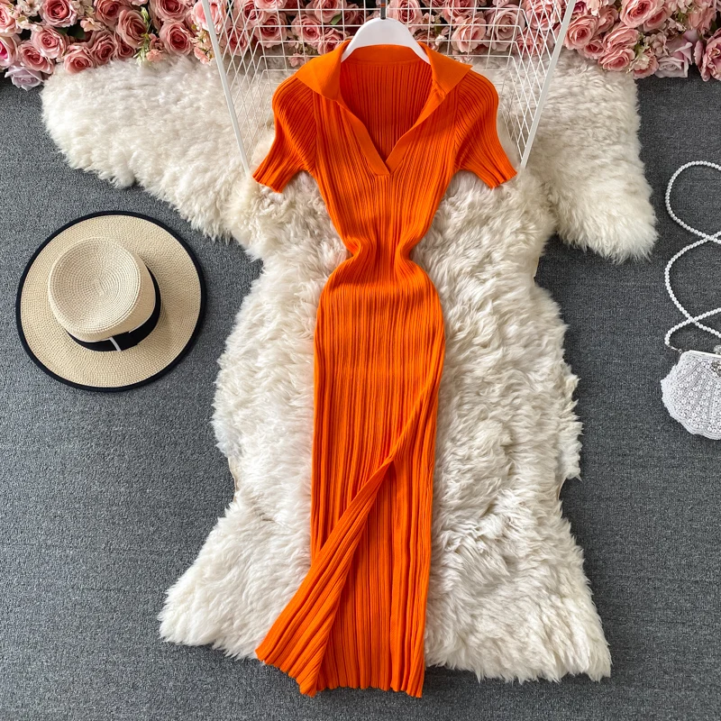

Fashion Knitted Women Dress Summer Turn Down Collar Asymmetrical Side Split Slim Dress Short Sleeve Mid-Length Women Dress