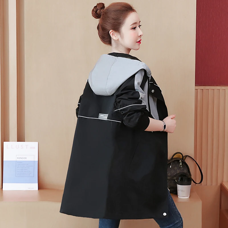 

WEIHAOBANG 2021 Autumn Winter New Women's Coat Color Matching Hooded Zipper Pocket Casual Loose Large Long Sleeve Thin Coat
