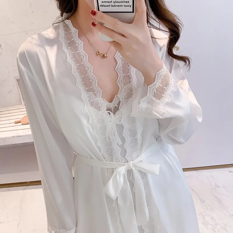 Пикантный белый свадебный халат ночная рубашка женская пижама кружевная отделка