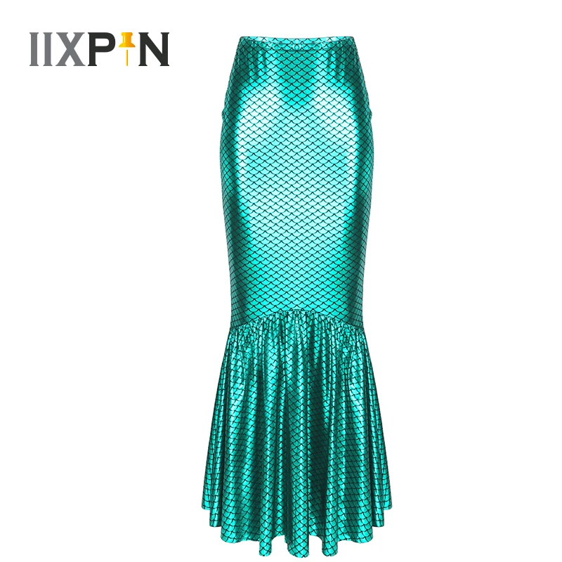 

Womens Mermaid Skirt Shiny Metallic Fish Scale Printed High Waist Skirt Flared Hemline Skinny Long Maxi Skirt Mermaid Cosplay