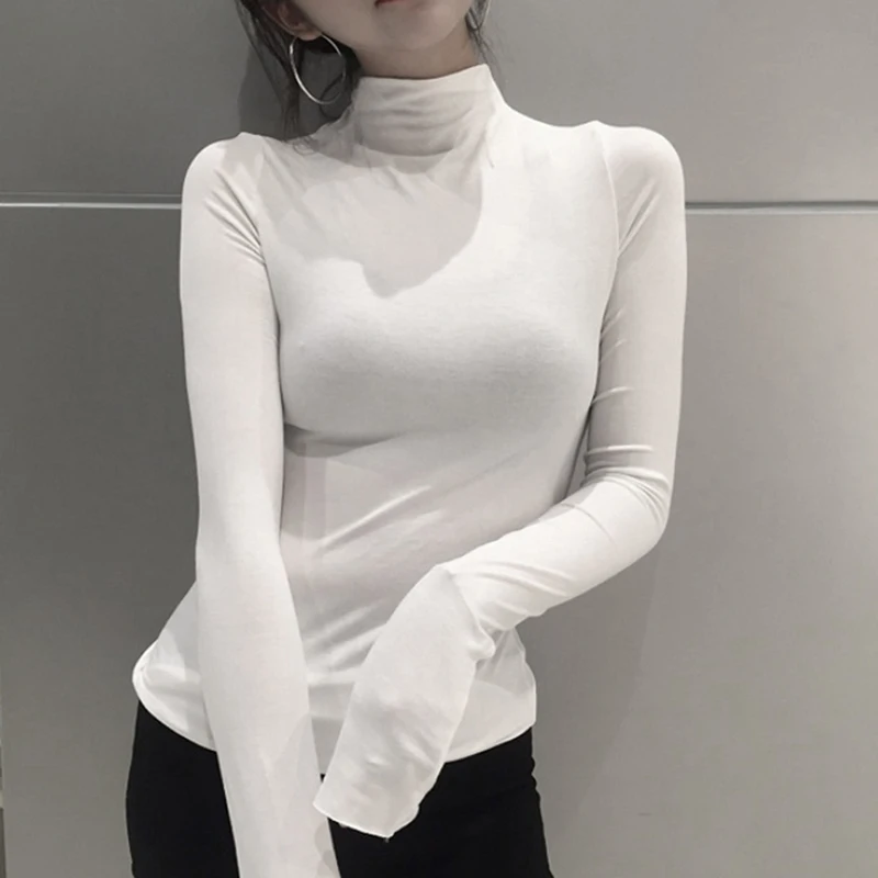 

T-shirt Woman Clothes Long-sleeved Bottoming Female Solid Color 2021 Autumn And Winter New Half-high Collar Korean T-Shirt