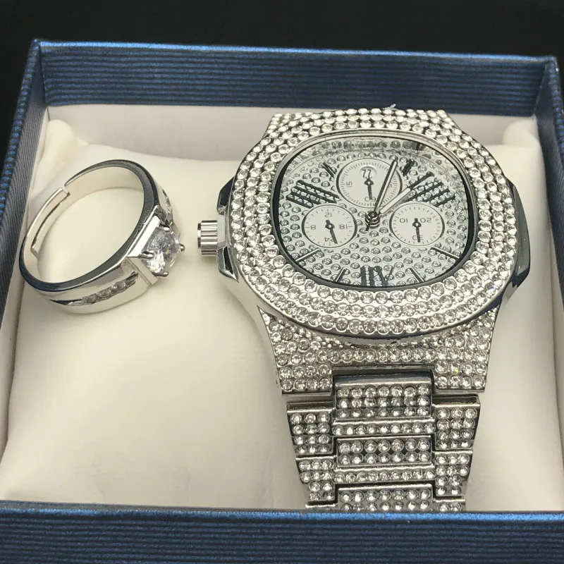 Роскошные мужские часы и кольцо серебряного цвета комбинированный комплект