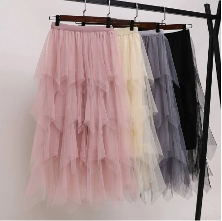 Женская плиссированная юбка из тюля черная бежевая белая серая сетчатая миди с
