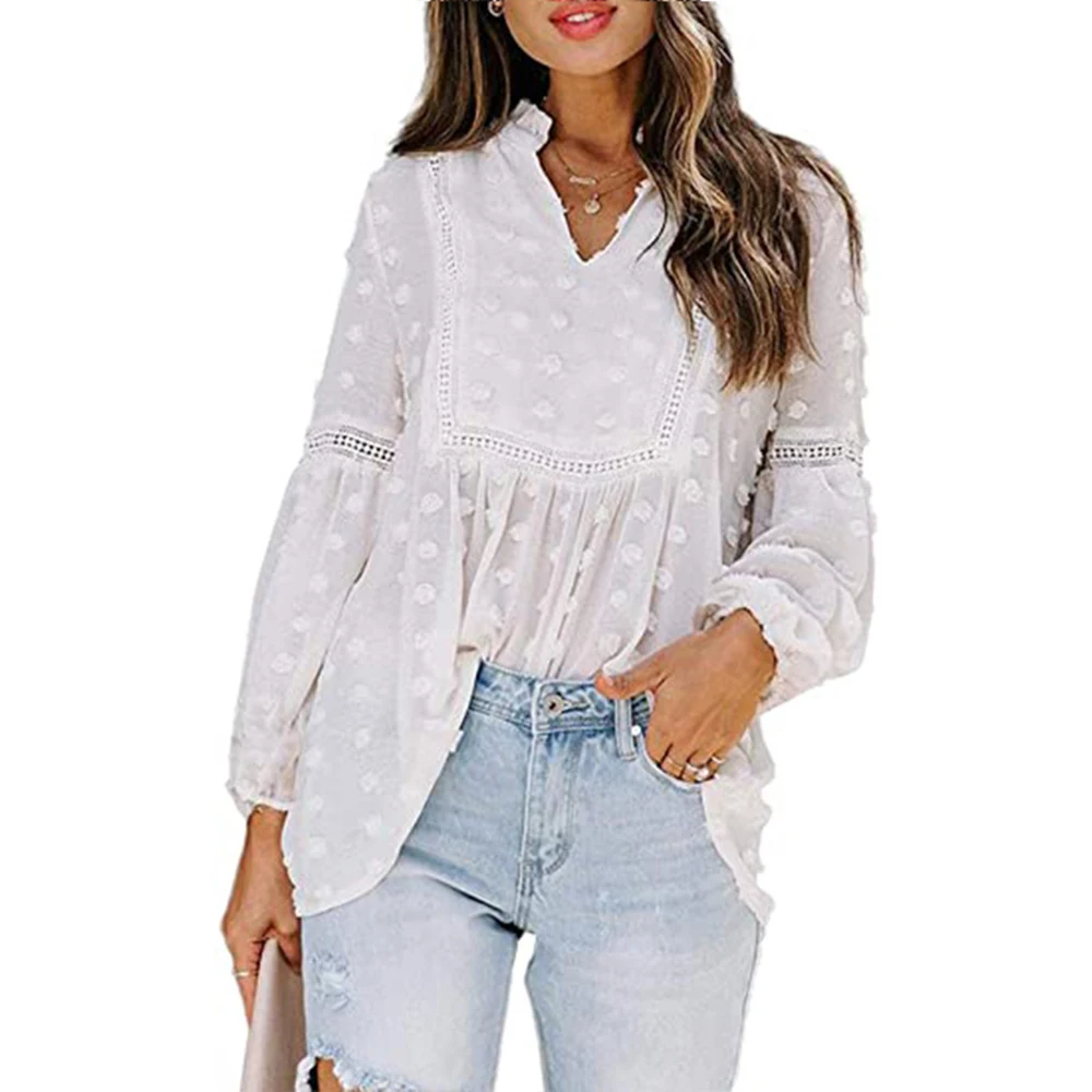 

Women Chiffon Shirt V-Neck Long Sleeve Loose T Shirts Holiday Casual Solid Blouse Tops Fashion Clothes Spring/Summer/Autumn