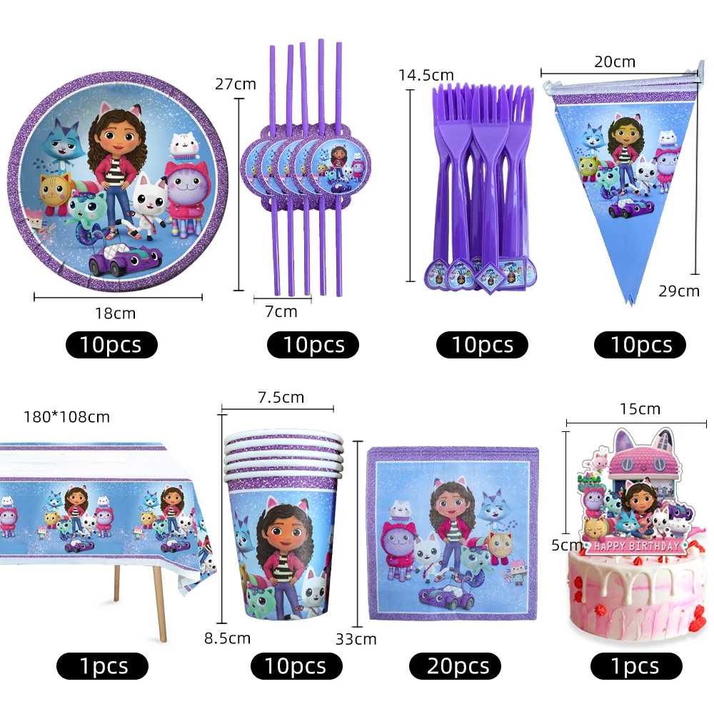 cartoon gabby dollhouse baby shower decoration girl birthday party supplies cake toppers purple cups plates tablecloth balloons free global shipping