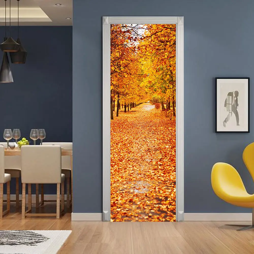 

Autumn Scenery And Falling Leaves Creative Door Stickers Bedroom Wooden Door Eenovation Stickers Cross-border Goods Derived From