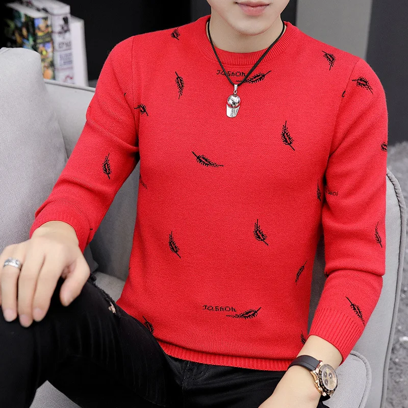 

2020 Men's Autumn New Pullover round Neck Sweater Youth Leaves Printed Thin Sweater