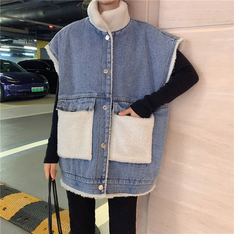 Женский джинсовый жилет оверсайз в Корейском стиле плотное пальто без рукавов