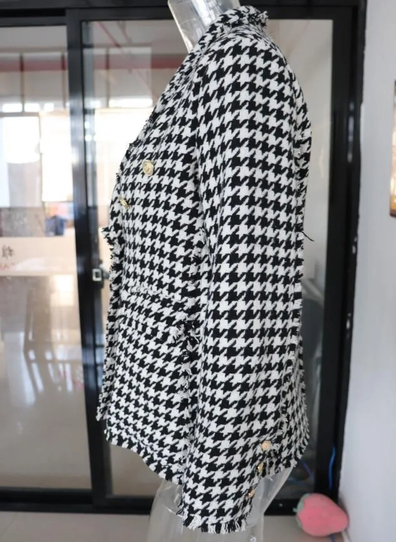 

Black and White Jackets Fashion Women's Wool & Blends Houndstooth Woolen Coat Slim Fit Women's Jacket Small Suit Sexy Streetwear