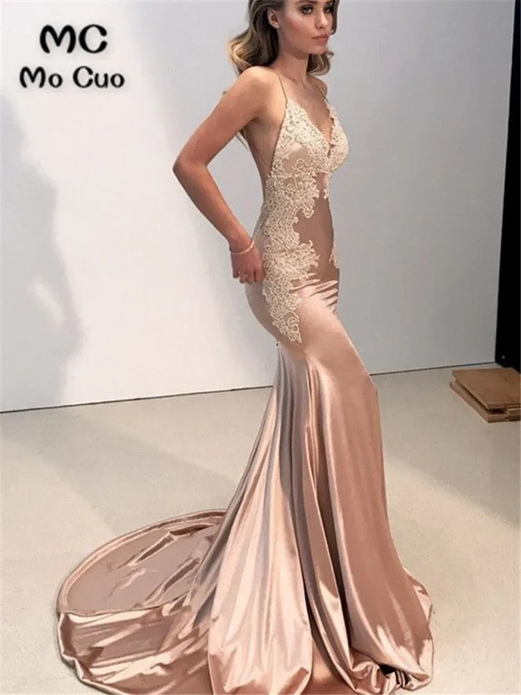 

Женское длинное атласное платье с юбкой-годе, сексуальное кружевное вечернее платье на тонких бретельках с открытой спиной и шлейфом, блестящее платье для выпусквечерние вечера