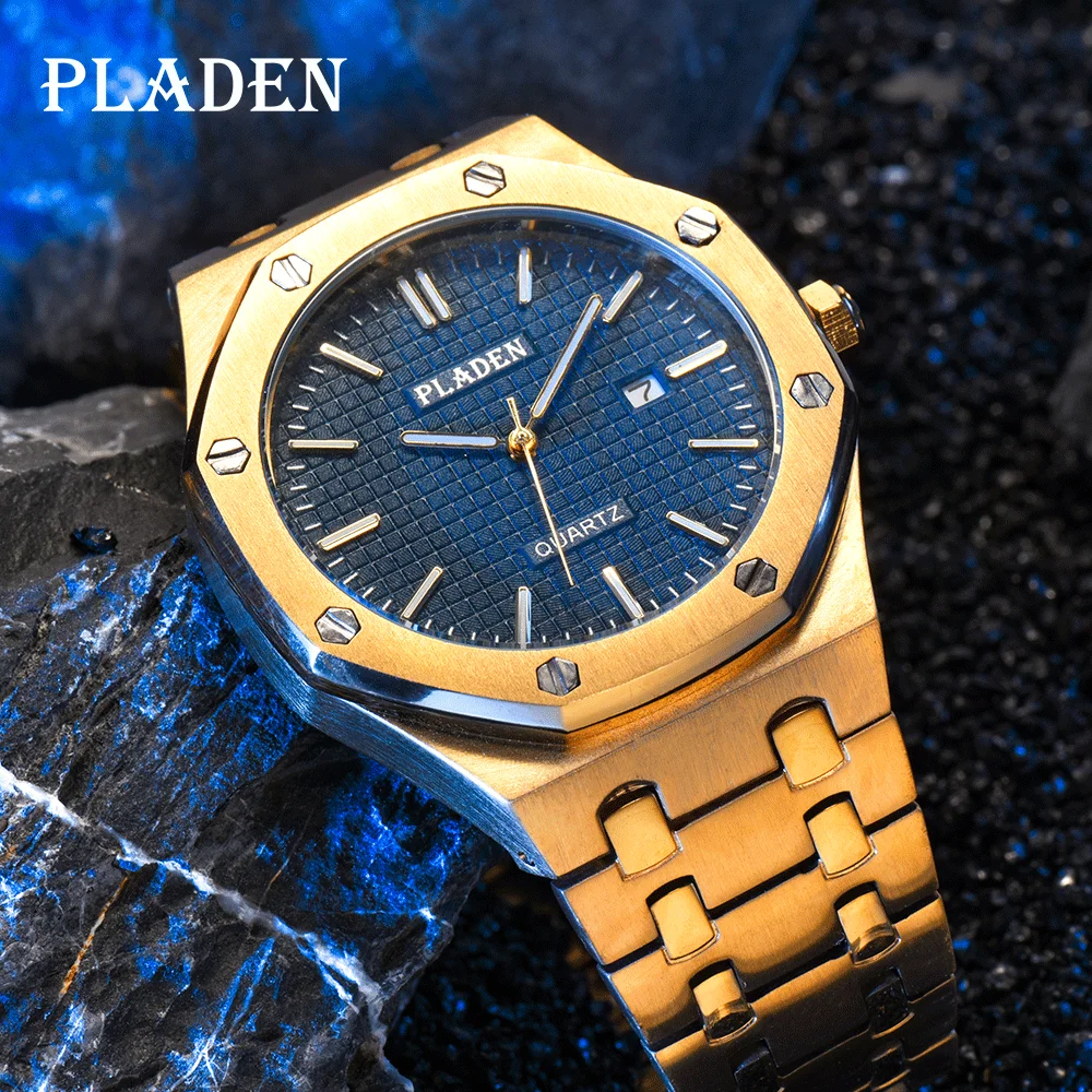 

PLADEN Gold Watch For Men Luxury Original Swimming Shock Resistant Luminous Business 22mm Stainless Steel Watchband Quartz Reloj