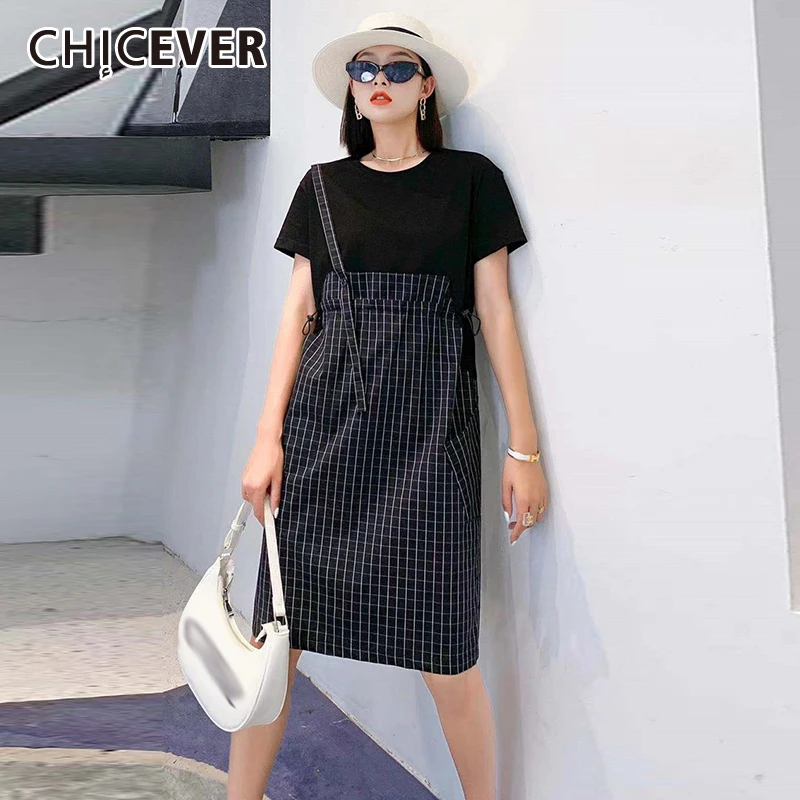 

CHICEVER Fake Two Piece Dress For Women O Neck Short Sleeve High Waist Patchwork Striped Hit Color Loose Dresses Female 2021 New