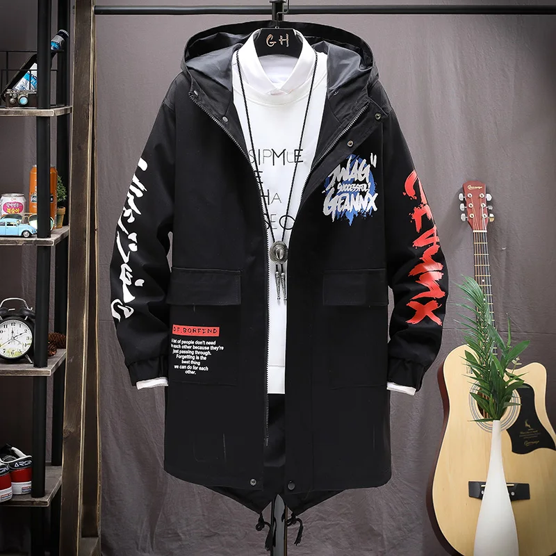 

New Korean Men's Windbreaker Jackets Men Long Trench Coat Printed Cardigan Casual Hooded Coats Male M-3XL