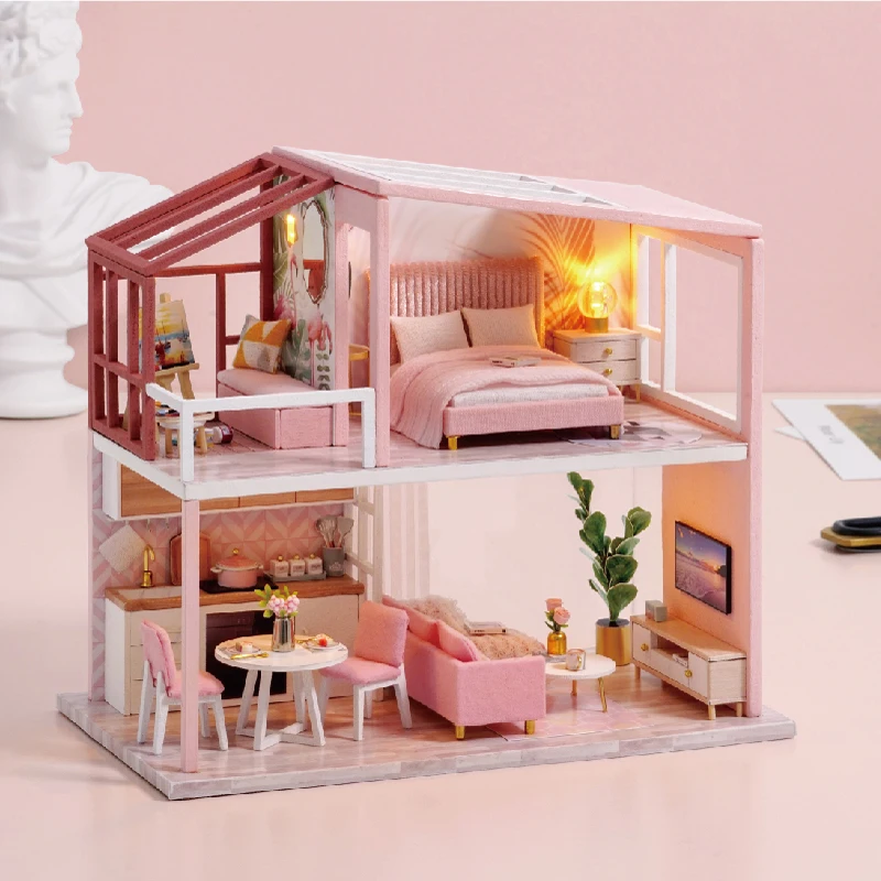 

DIY Miniature 3D Toy Doll House Furniture Model Kit Wooden Dollhouse For Children Birthday Gift Casa Nordic Duplex Apartment