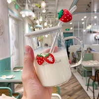 cute strawberry glass with cover spoon handle borosilicate transparent straw cup office tea brewing cup waterbottle with straw