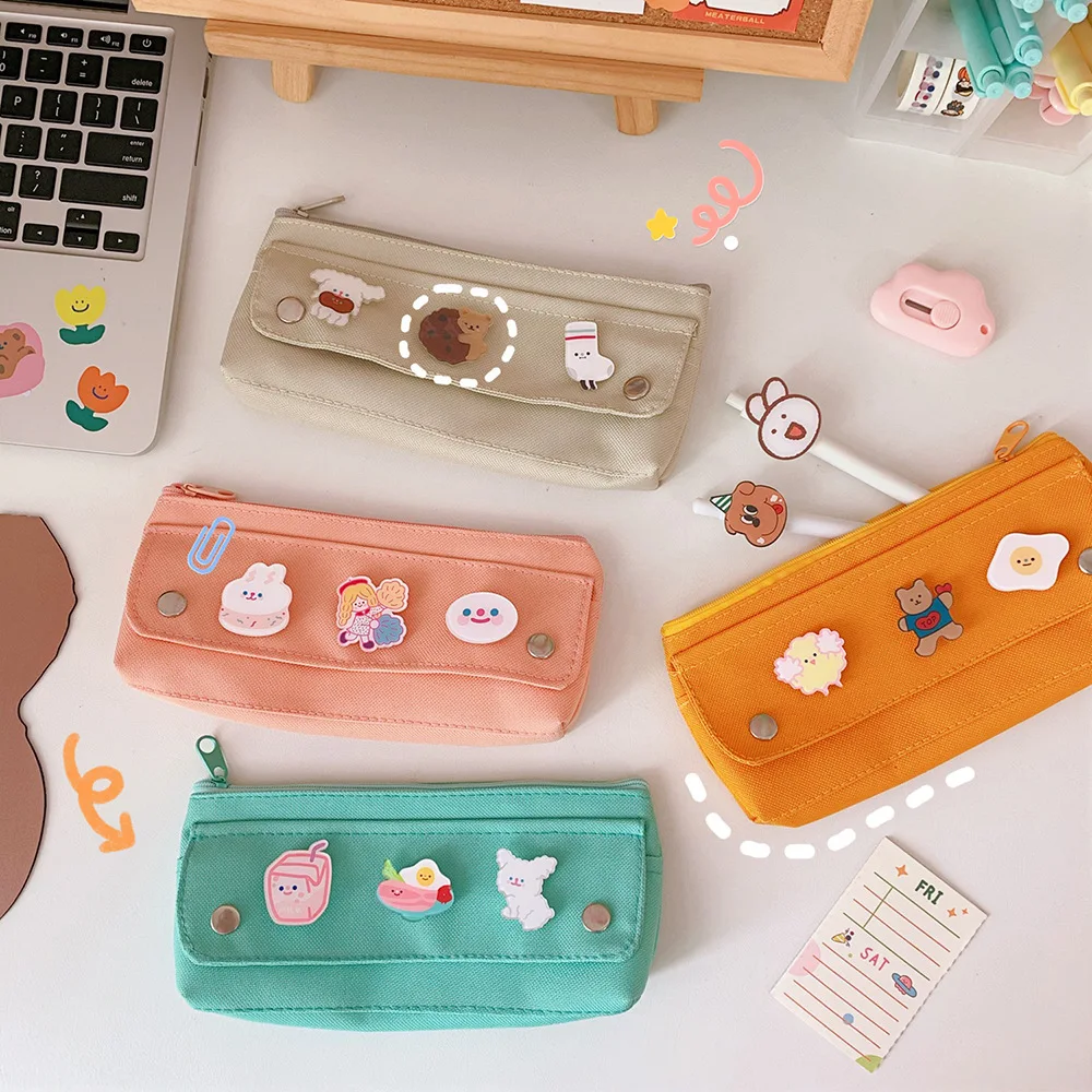 

High Capacity Ins Canvas Pen Bag Pencil Case+3 Badges Pocket Storage Bag Pouch Stationery School Multifunctional Stationery Bags