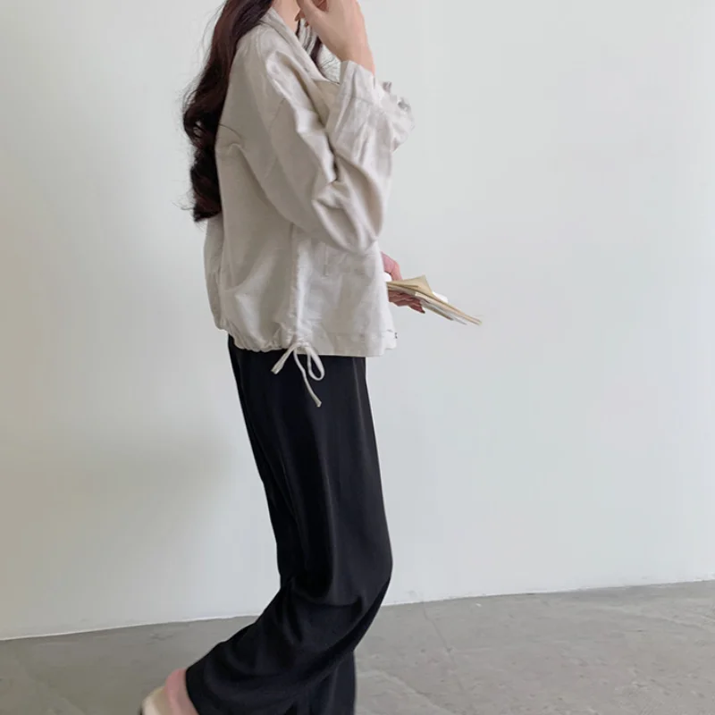 

Women Spring Autumn Linen Oversize Short Jacket Coat 2021 New Stand Collar Zipper Outwear Drawstring coats Dropshipping