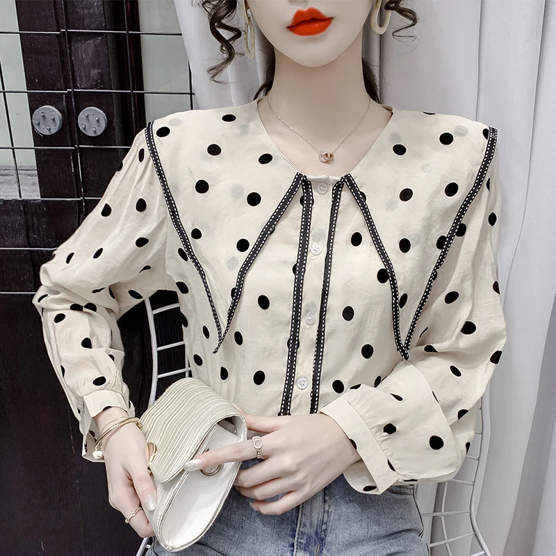 

Chikichi 2021 Spring and Autumn New Korean Fashion Round Neck Polka Dot Printing Long-sleeved Lady Button Shirt