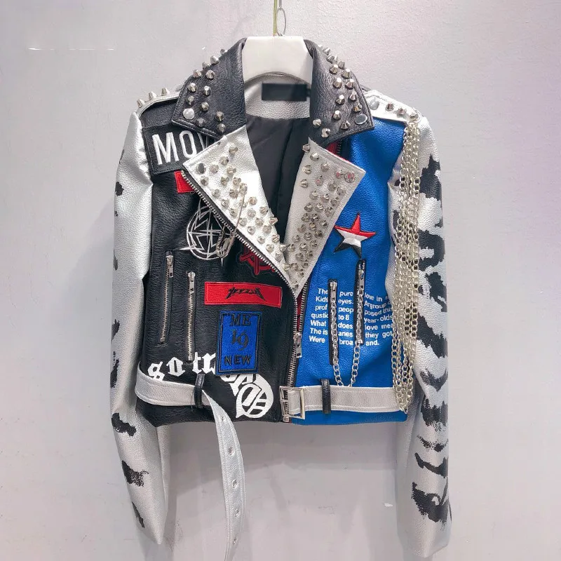 

Cartoons Pattern Jacket For Women V Neck Long Sleeve Rivet Hit Color Lace Up Chain Jackets Female 2020 Streetwear Tide C148