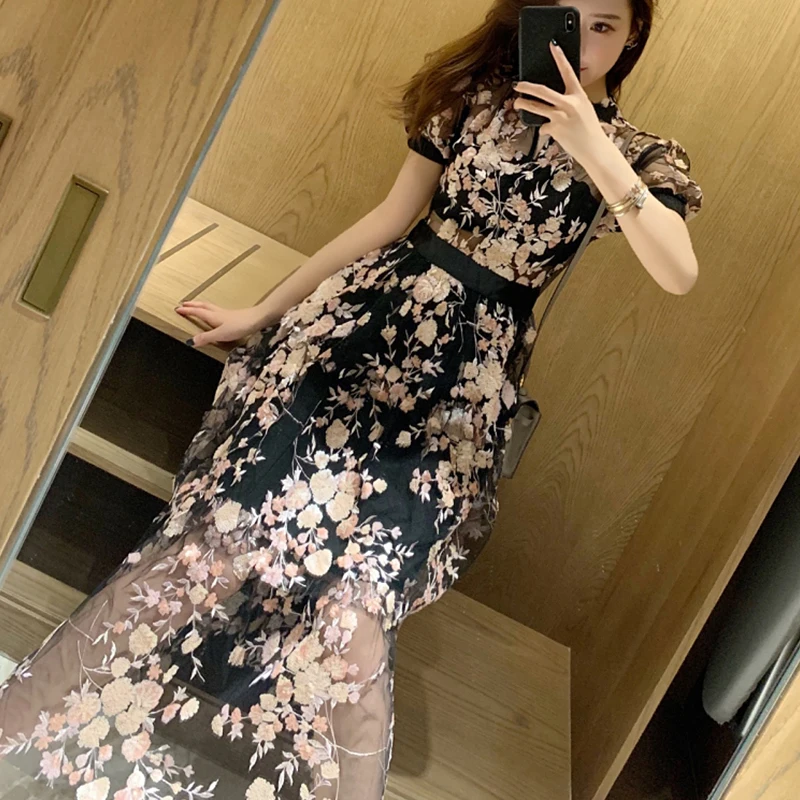 Женское Сетчатое платье-Автопортрет модельное длинное платье макси с цветочной