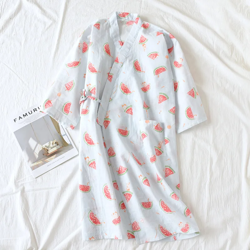 Кимоно женское хлопковое пеньюар из газовой ткани с длинным рукавом мультяшный