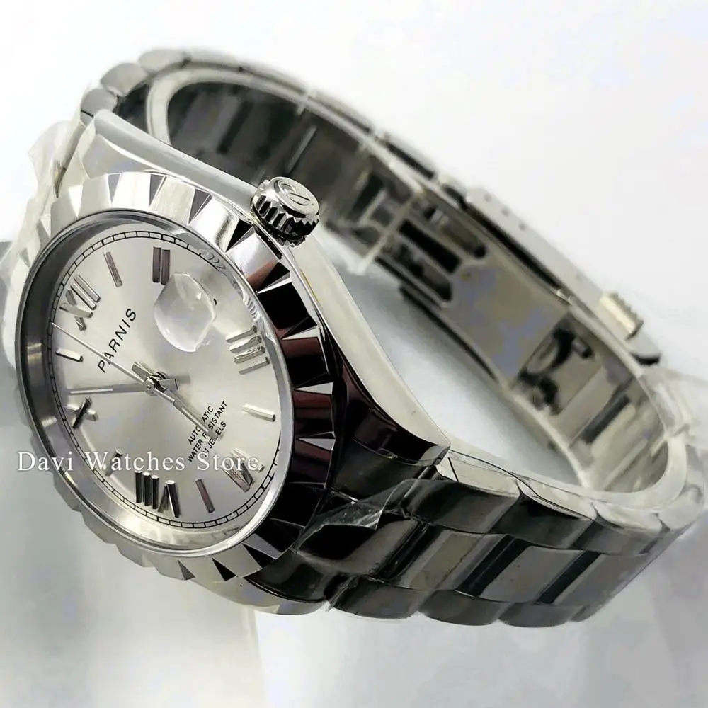 Мужские часы Parnis 39 мм серебристый чехол сапфировое стекло серебристые
