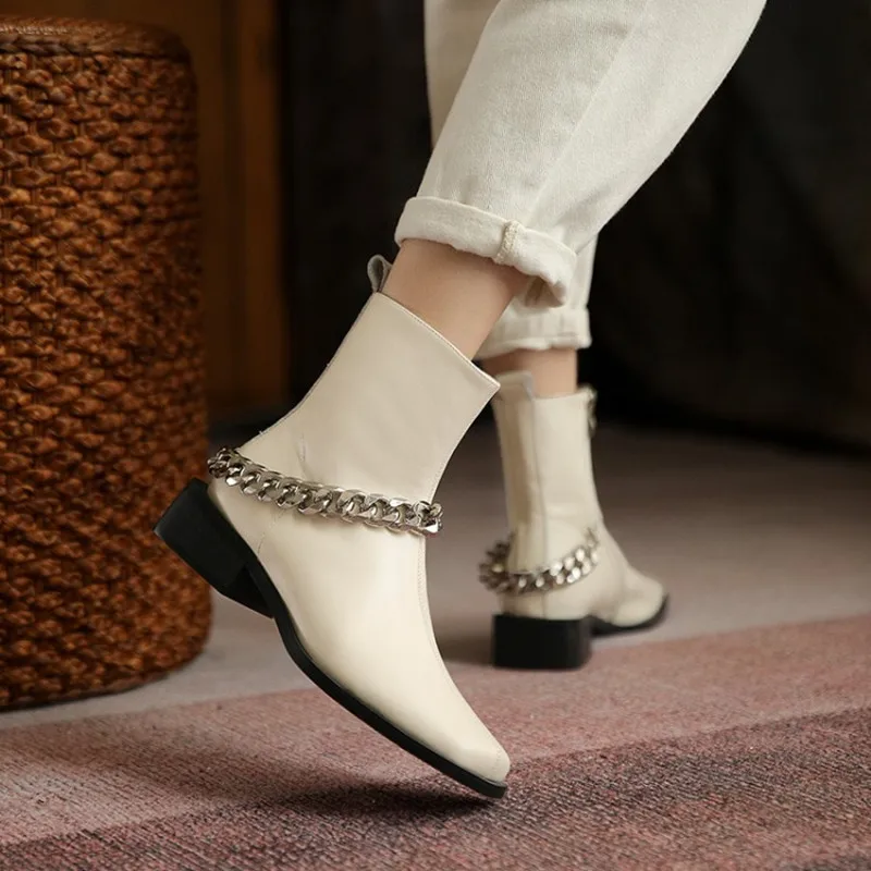 

Женские ботильоны с металлической цепочкой, ботинки из натуральной кожи на массивном каблуке, с квадратным носком, зимняя обувь в стиле пан...