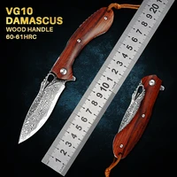 vg10 damascus steel tactical pocket folding knife wood handle for edc outdoor camping hunting survival self defense jackknife