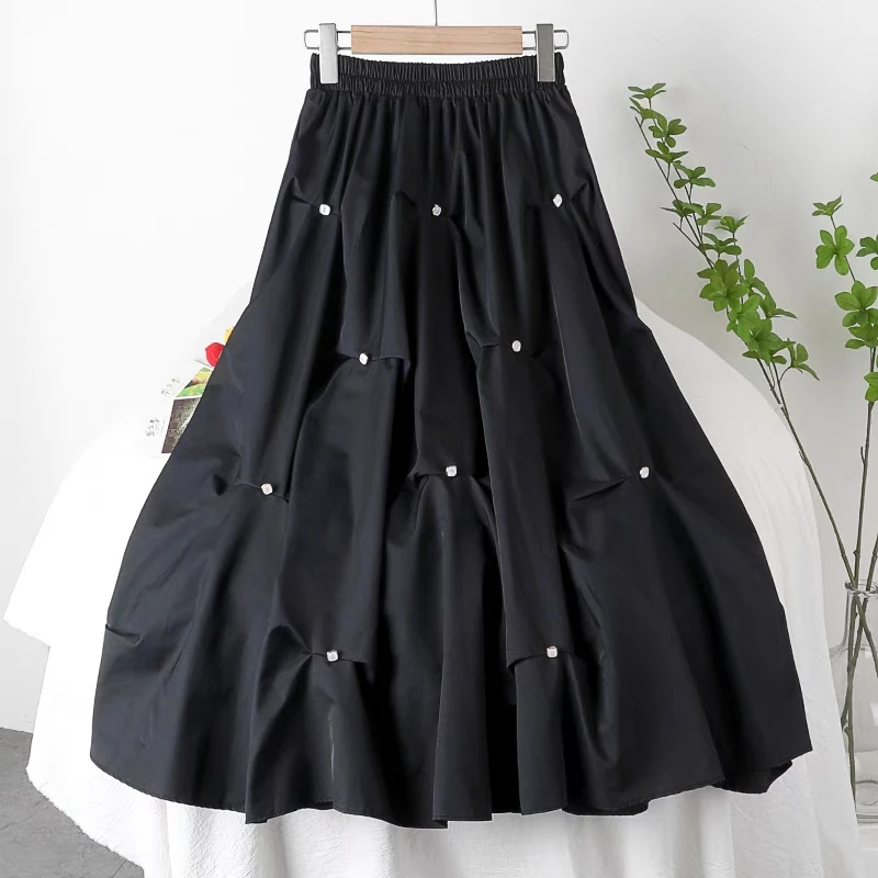 

Qiukichonson Midi Long Skirts Womens Maxi Skirt 2021 Korean Casual Beading Summer Skirt High Waisted Ruffle Skirts White Black