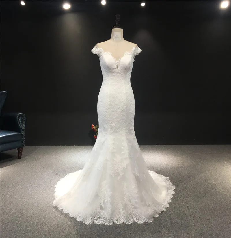 

Newest High Quality 100%Real Sample Ivory Lace O-Neck Open Back Sleeveless Mermaid Floor Length with Train Wedding Dress