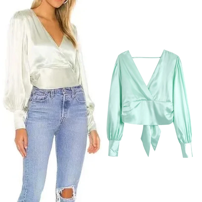 

Женский атласный пуловер с V-образным вырезом, длинным рукавом и открытой спиной