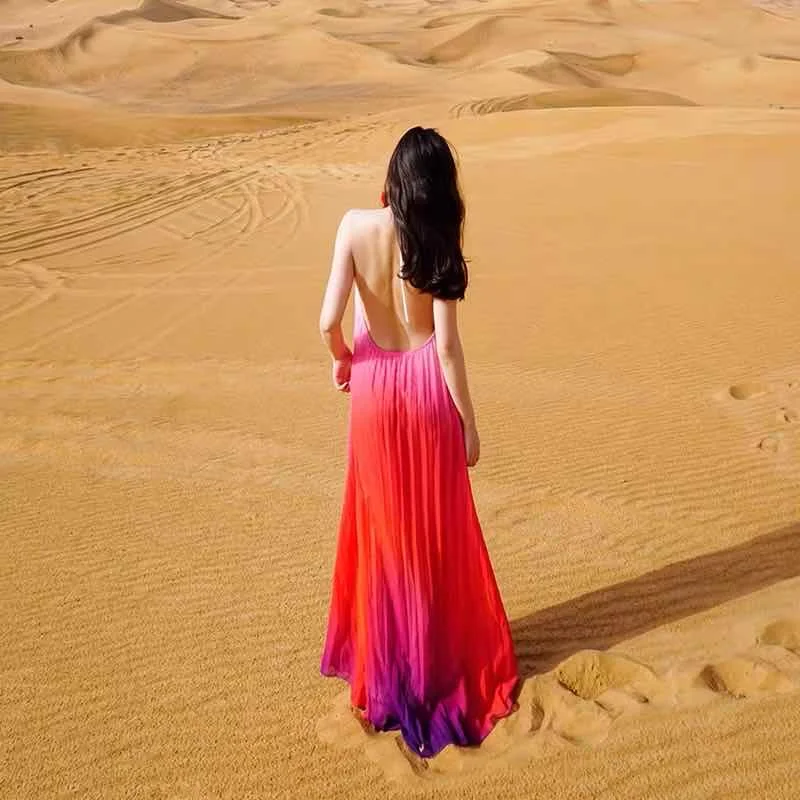 

Gradient Color Neck Dress Rainbow Purple Red Backless Halters Party Gown Chiffon with Lining Beach Sexy Strap Dress Summer Date