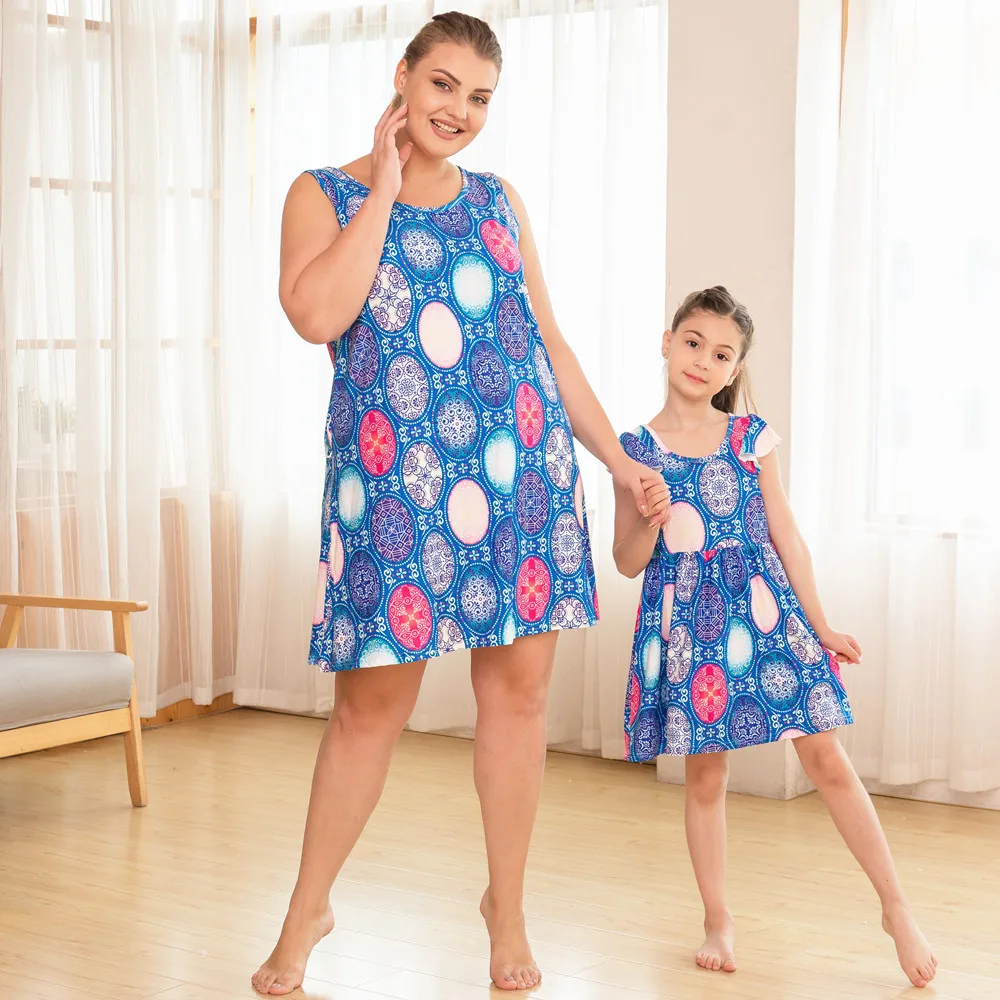 

Women Matching Outfits Sleeveless Dress Super Soft Stretch High Quality Kids Print Fashion Custom Geometric Girls Dresses 2021