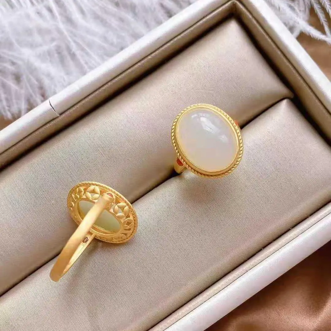 

Natural Hetian Jade Egg Surface Ring Women's Open Adjustable Fat Hand Large Retro Chinese Royal Court Style Ring Ornament