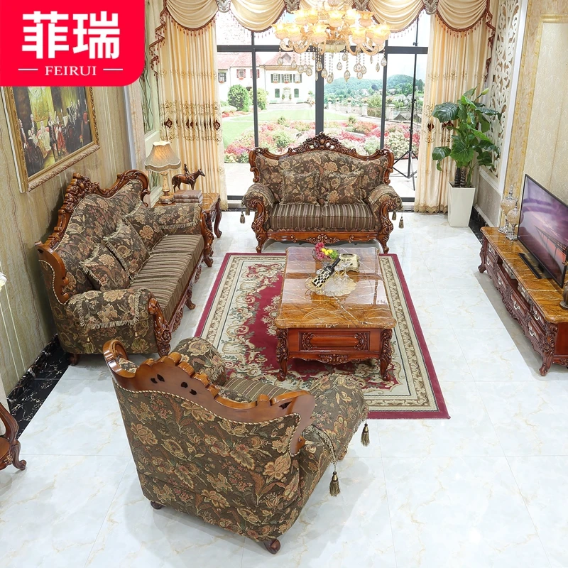 

Fabric sofa 123 large apartment living room villa solid wood carved European and American light luxury