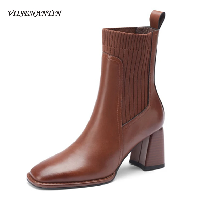 

Autumn and Winter New Square Toe Stitching Knitted Short Boots Women Thick Heel High Heel Boots Retro Brown Stretch Thin Boots