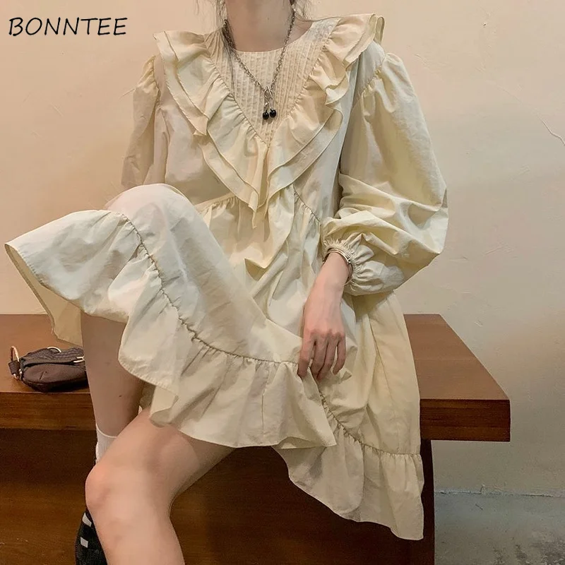 

Женское платье в стиле преппи с милыми пышными рукавами, сказочное осеннее японское милое мешковатое платье с оборками для девушек, нежное ...