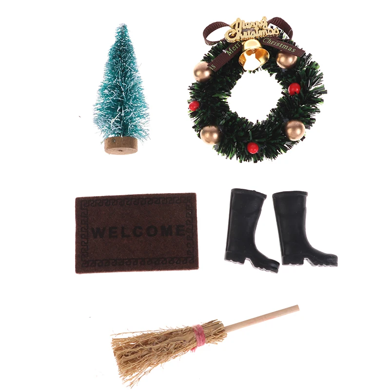 

5pcs/set Dollhouse Christmas Boots Tree Wreath Pine Santa Claus carpet Broom
