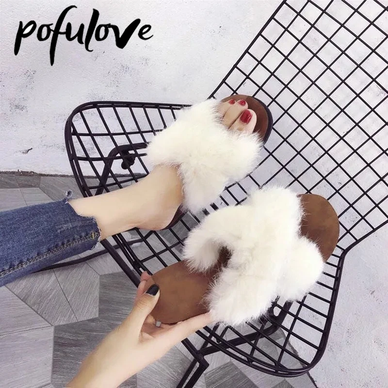 

Pofulove Furry Sliders for Women Flats Slippers Spring Autumn Shoes Fashion Design Fluffy Korean Cross Sandals Zapatos Wholesale