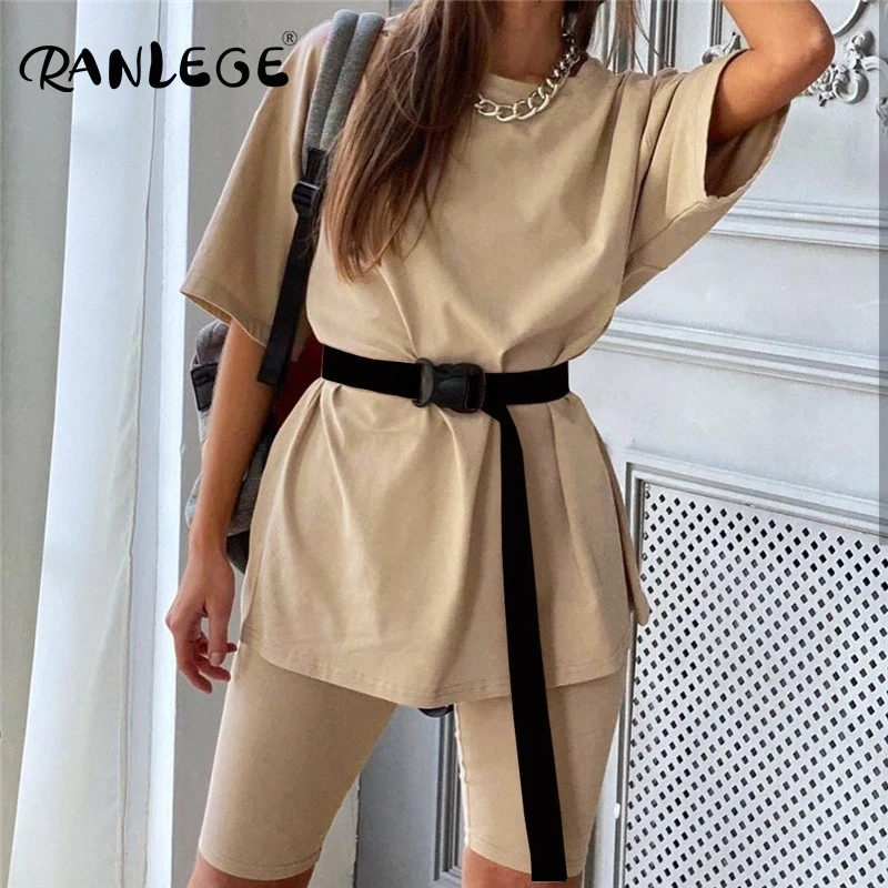 Однотонный Повседневный Женский костюм RANLEGE из двух предметов с ремнем модный