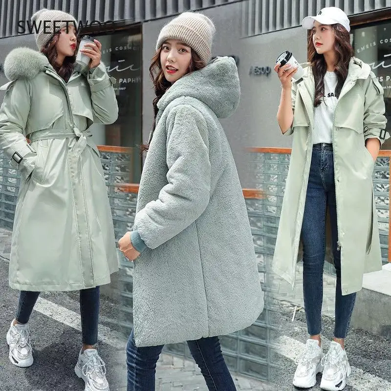 Women Winter Jacket Hooded X-Long Thick Faux Fur Padded Parkas Woman Distachable  Coat Show Thin Korea 2022