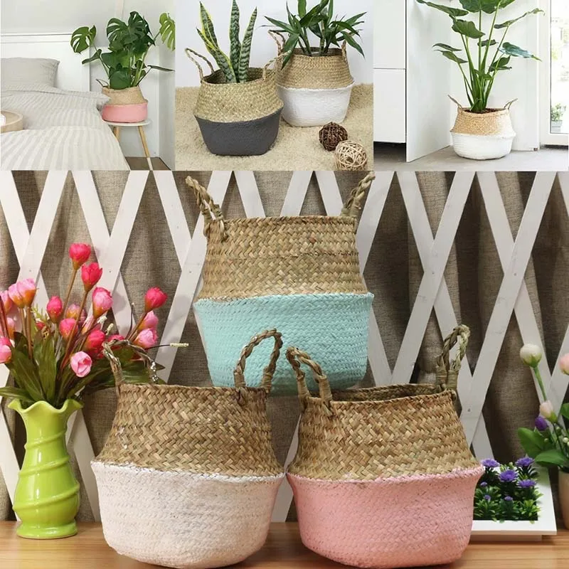 

Handmade Bamboo Storage Baskets Foldable Laundry Straw Patchwork Wicker Rattan Seagrass Belly Garden Flower Pot Plante Basket