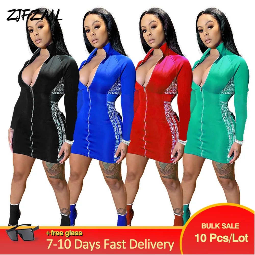 

Bulk Items Wholesale Lots Women's Mini Dresses Streetwear Deep V Neck Long Sleeve Zipper Slim Robe Autumn Bandanna Print Vestido