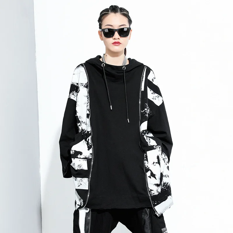 QING MO Women Large Size Hooded Sweatshirt 2020 Autumn Printing Personality Mid-length Hedging LHXX145 | Женская одежда
