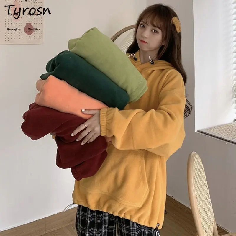 

With Hat Hoodies Women Solid Thickening Warm Simple Tender Sweet Candy Colors Lovely Ulzzang Students Loose Casual All-match New