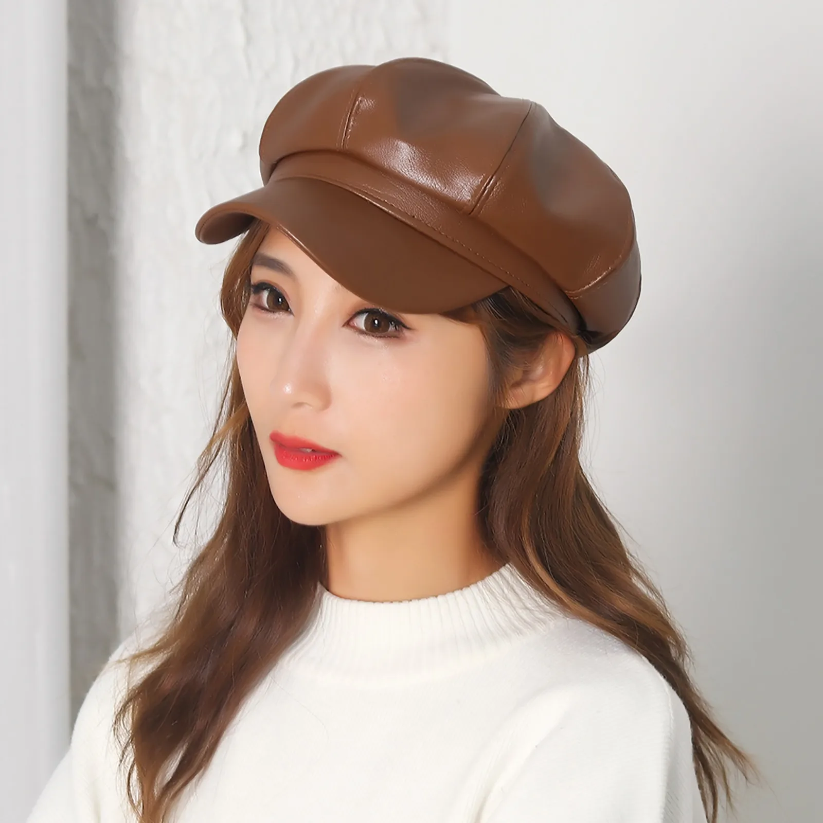 

Women's Beret Leather Solid Color Versatile Painter Hat Spring Octagonal Hat Pure Color Wild Hat 4 Colors