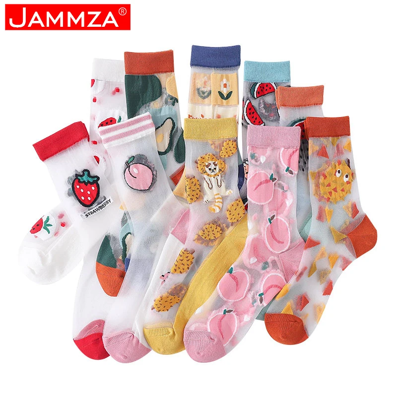 

Super Hot Ladies Fashion Silk Socks for Summer New Ultra-thin Fruit Print Transparent Pile of Socks Woman Cute irregular Socks