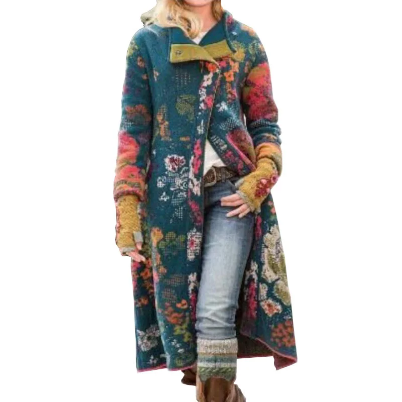 

2021 Women's Jacket New Autumn Winter Printed Splicing Long Coat Loose Large Size Warm Tops Plus Size Fasion Hot Selling