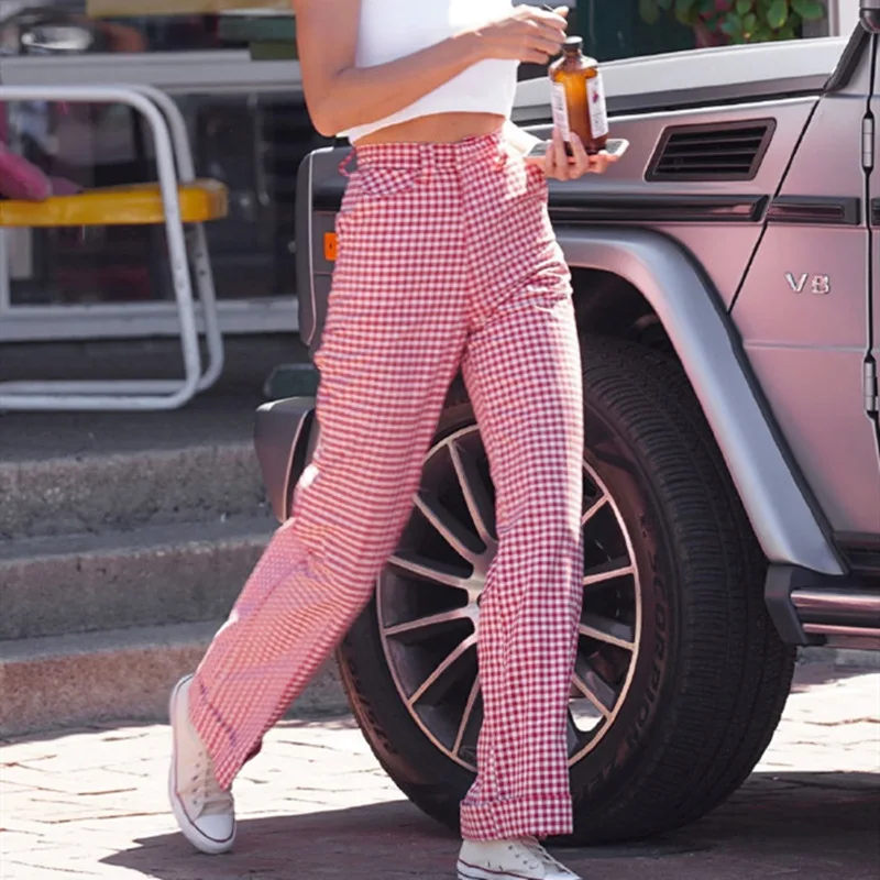 

Women Cute Pink Vintage Mid Waist Pants Red Plaid Casual Straight Wide Leg Trouser Egirl Y2K Streetwear Harajuku Oldschool Jeans