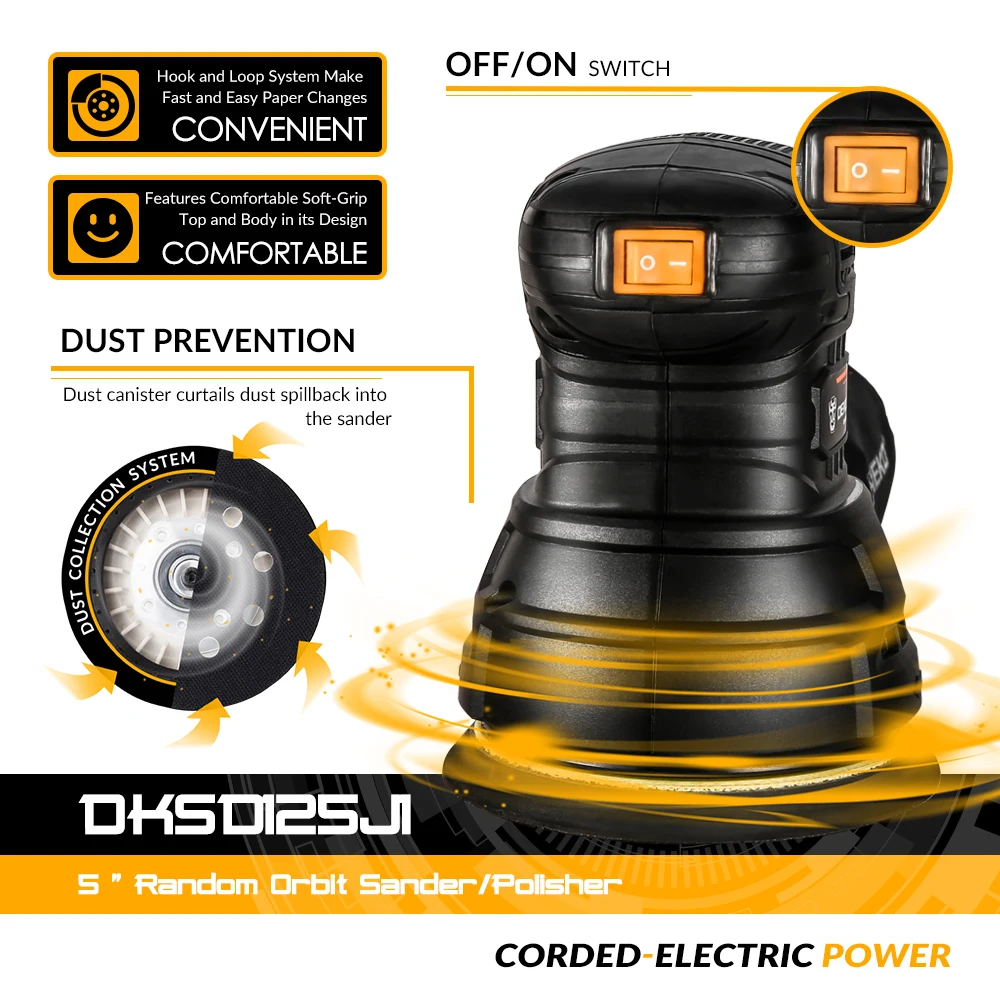DEKO DKSD125J1/DKSD150J2 350 Вт случайный орбитальная шлифовальная машина с выхлопом пыли и